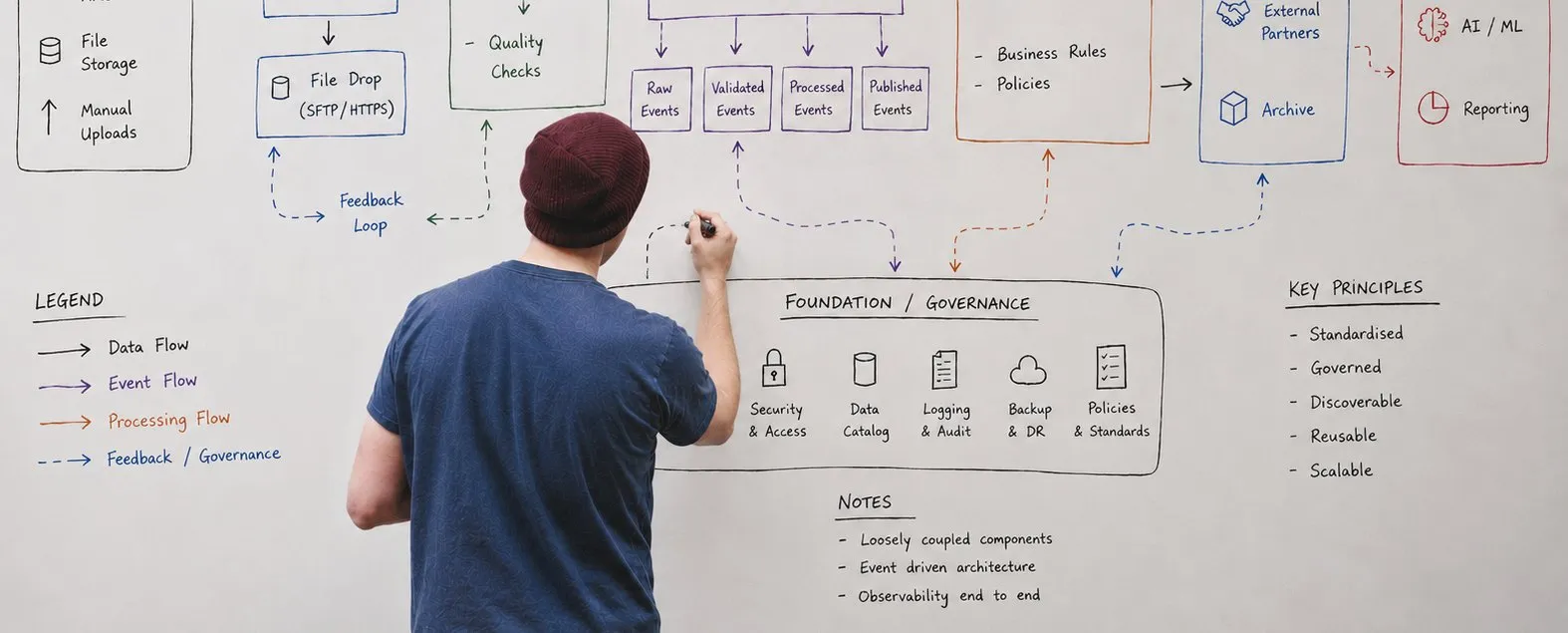 A practitioner at a whiteboard mapping a data platform end to end - ingestion, event flows, governance foundations and key principles