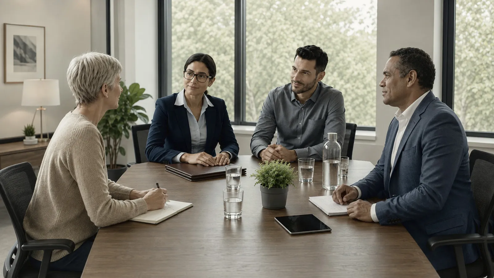 Senior professionals in working session around a meeting table - the rhythm of an engagement in delivery